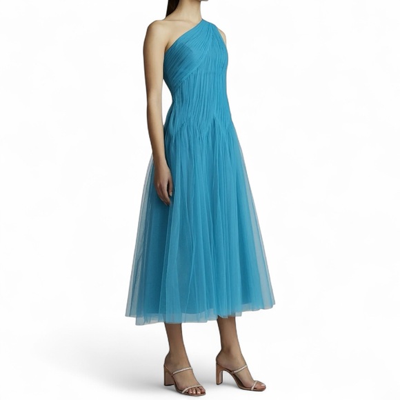 Zac Posen Turquoise One-Shoulder Tulle Midi-Dress MSRP $795.00 Sz 14 NWT - Picture 3 of 8